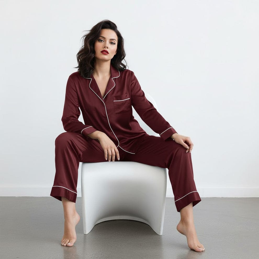 Women's Premium Silk Pajama Set in Maroon - 2-Piece Sleepwear