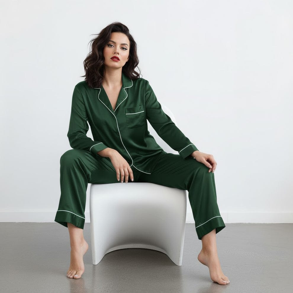 Women's Premium Silk Pajama Set in Bottle Green - 2-Piece Sleepwear