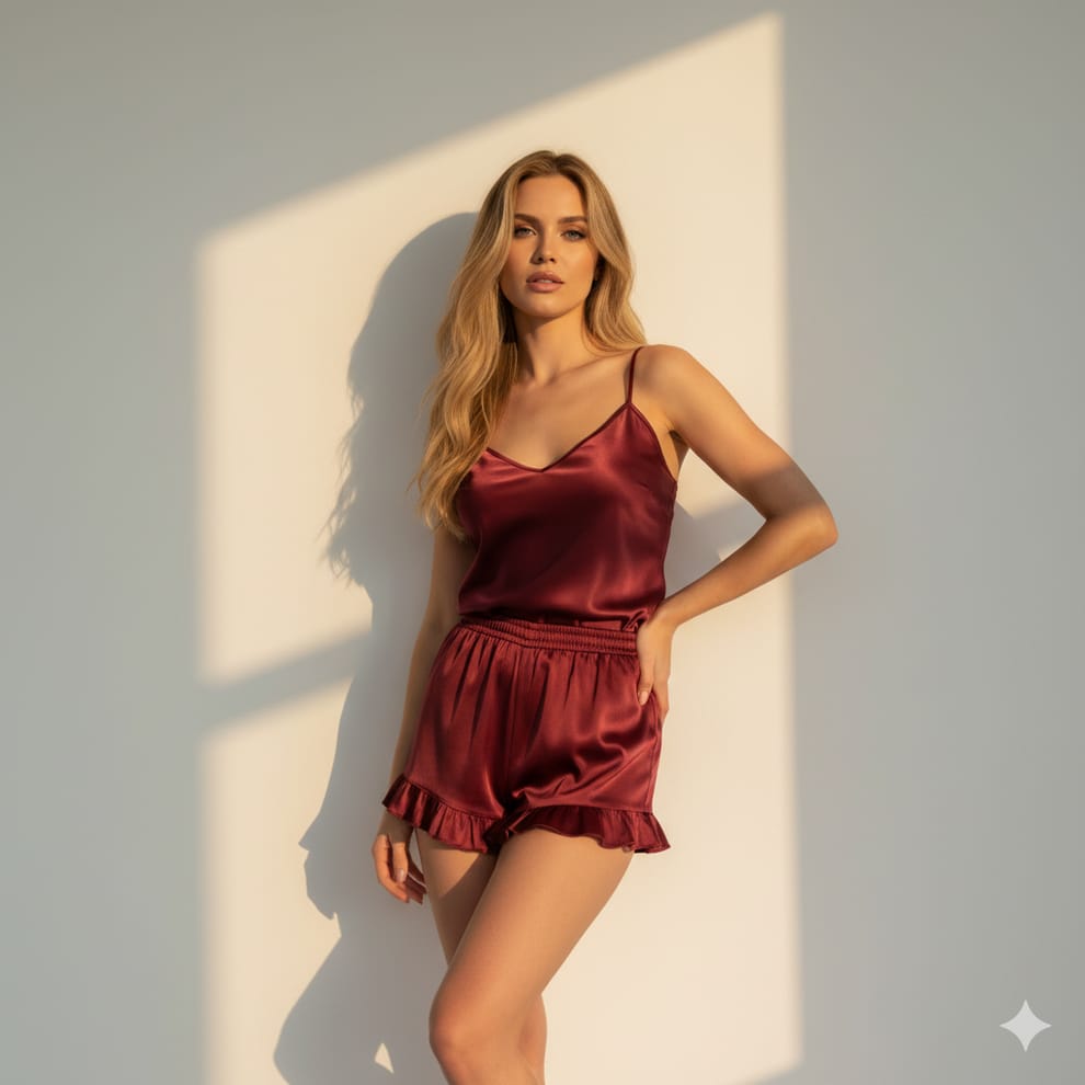 Premium Maroon Silk Camisole Short Set - Luxury Nightwear
